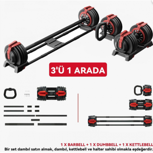 KingSmith Mekanik Ayarlı 24KG Dambıl, Kettlebell, Halter Seti (3ü1 Arada)