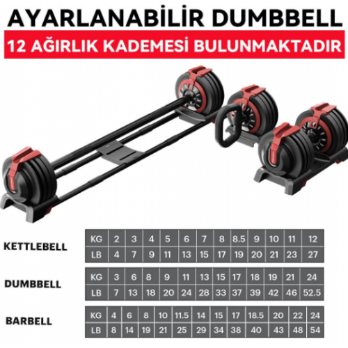 KingSmith Mekanik Ayarlı 24KG Dambıl, Kettlebell, Halter Seti (3ü1 Arada)