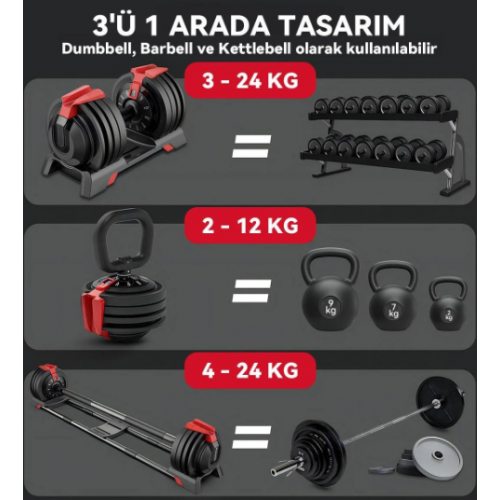 KingSmith Mekanik Ayarlı 24KG Dambıl, Kettlebell, Halter Seti (3ü1 Arada)